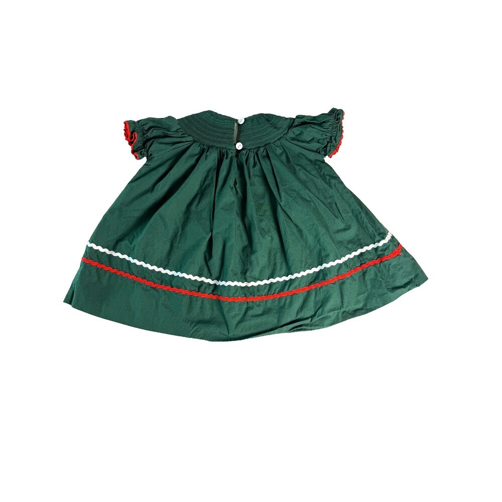 Lil Cactus Smocked Christmas Dress 3-6 Months - Green Corduroy Holiday Trees - Picture 4 of 16